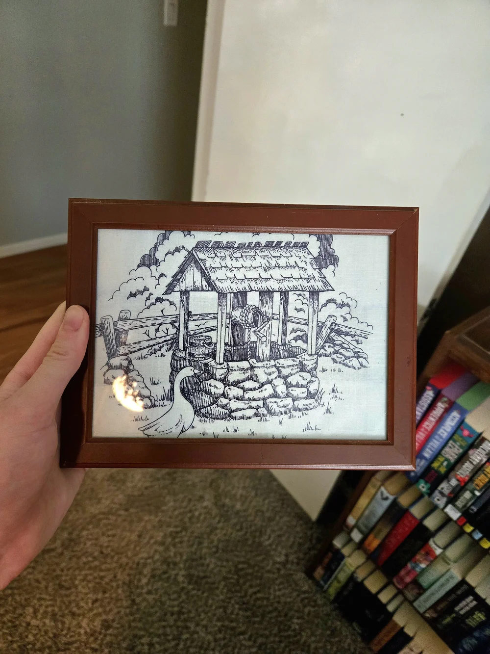 Vintage Framed Rustic Wishing Well Wall Art in Brown